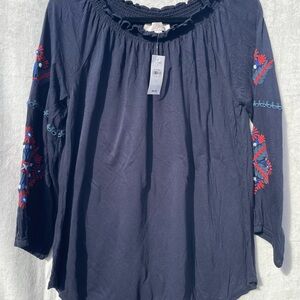 LOFT Navy Embroidered Sleeve Blouse Size L | Long Sleeve Top Women’s